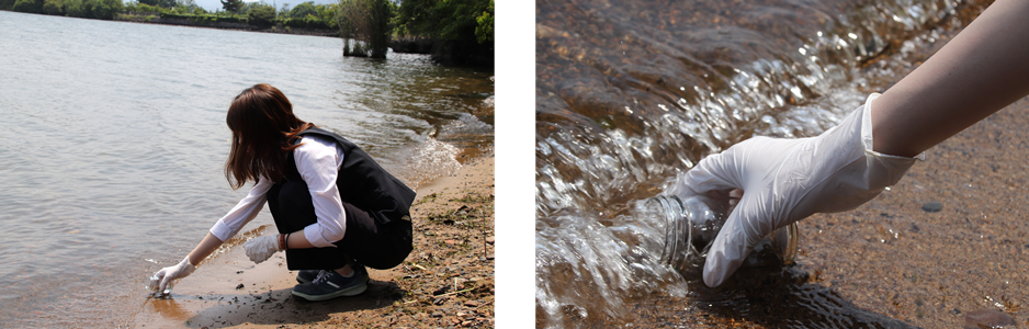 The photos demonstrate how an employee will take a water sample at a Toyobo site on the shore of Lake Biwa.